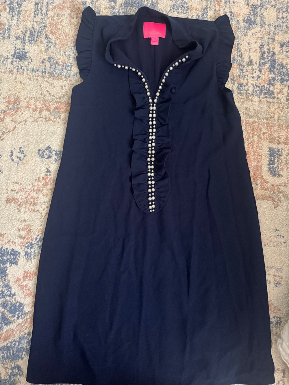 Lilly Pulitzer Navy Ruffle Shift Dress with Pearl Trim